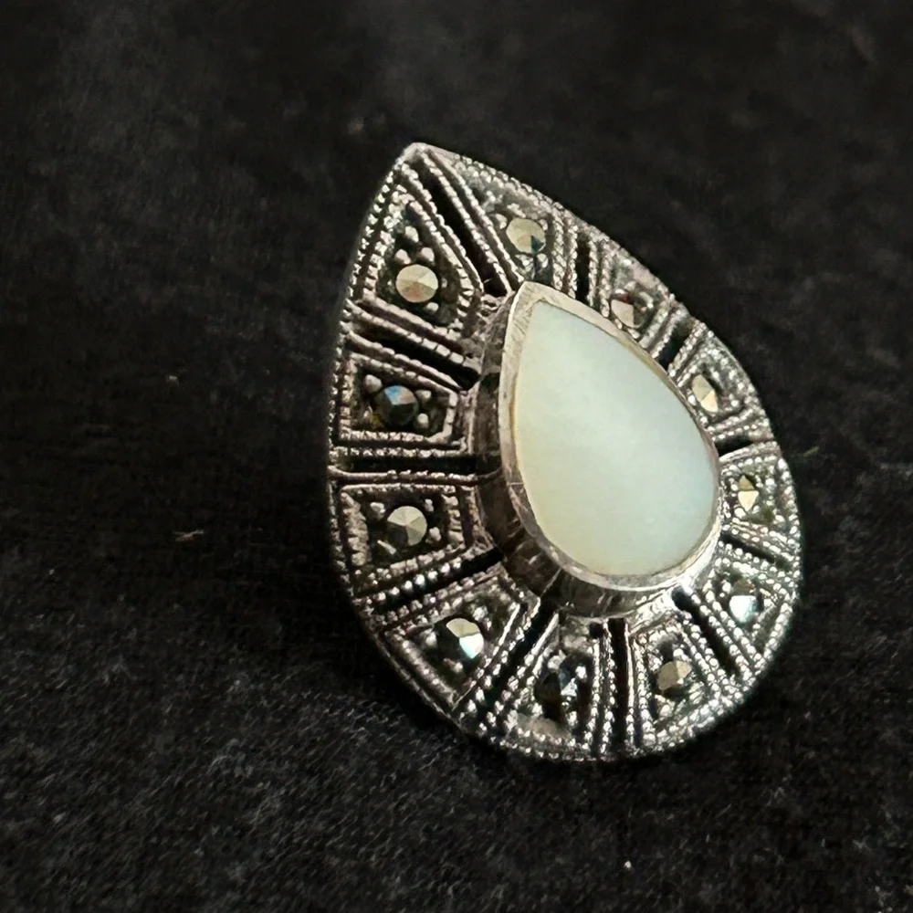 Sterling Silver Marcasite Rhinestone Teardrop Opal Pierced Earring, Single